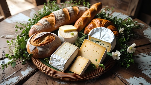 A rustic wooden table laden with an array of freshly baked breads and pastries, accompanied by artisanal cheeses 