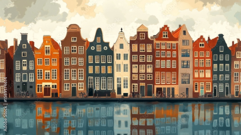 Obraz premium Amsterdam Netherlands Poster Illustration Travel Print Decor Gift Paper Canvas Wall Retro Art