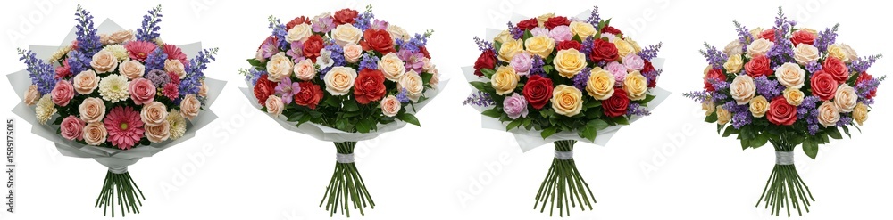 Fototapeta premium Colorful bouquets of roses and flowers on transparent background 