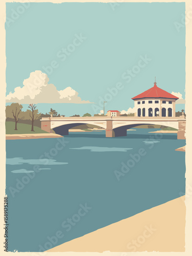 Peoria, Illinois – Illinois River waterfront and pavilion in slate blue, sand beige, brick red, and cream