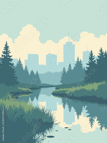 Hillsboro, Oregon – Tualatin River wetlands and tech campus reflections in mint, gray, cream, and sky blue