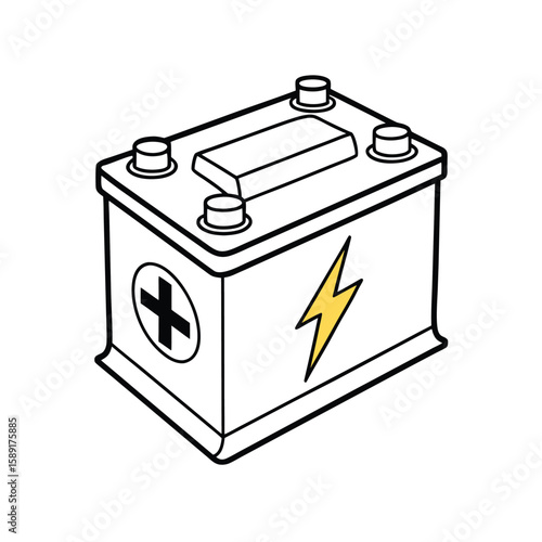 Black and white car battery illustration with yellow lightning bolt and plus symbol automotive