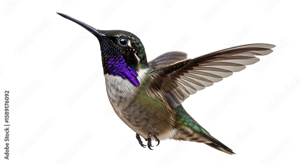 Fototapeta premium A colorful hummingbird with wings spread wide, captured in midflight isolated on white