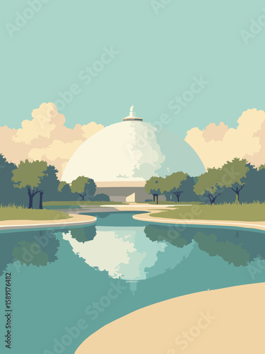 Downey, California – Columbia Space Center dome and park pond in dome white, water teal, rocket gray, and olive