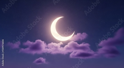 Crescent moon shining brightly amidst purple cloudscape night