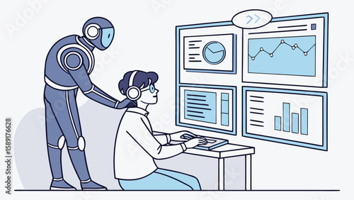 Robot assisting a person working at a computer with data dashboards on a large screen behind