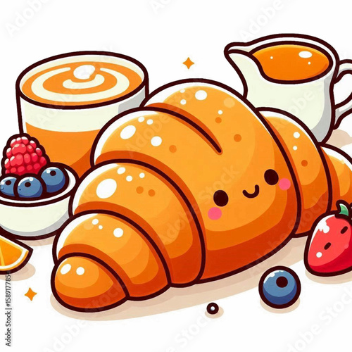 Cute croissant smiles among juice honey and berries creating a cheerful breakfast scene
