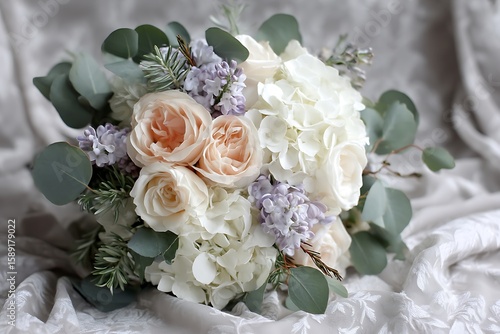 A delicate arrangement of white hydrangeas, soft peach roses, and pale purple lilacs, accented by sprigs of rosemary and fresh eucalyptus.