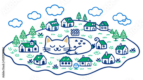 Fantasy Island Shaped as Sleeping Cat with Tiny Houses