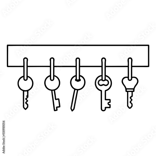Key Holder with Five Keys Hanging Outline Style Illustration