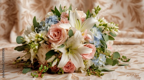 A delicate bouquet of white lilies, soft pink roses, and pale blue hydrangeas, surrounded by trailing ivy and green eucalyptus.