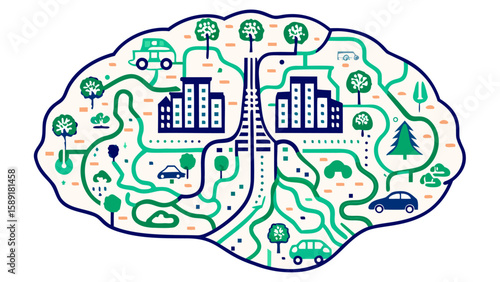 Mind Maze Brain City with Thought Pattern Roads Art