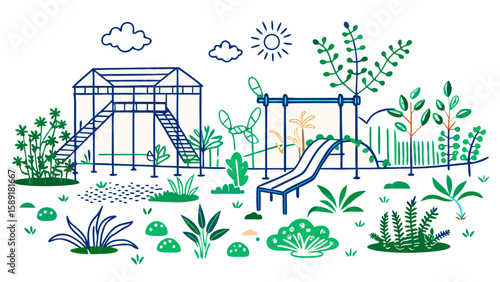 Post-Apocalyptic Playground Overgrown with Nature