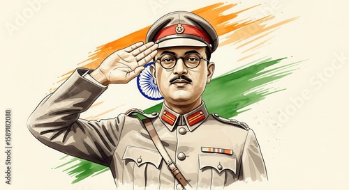 Netaji Subhas Chandra Bose Watercolor Illustration with Indian Flag – 15 August Freedom Fighter Art