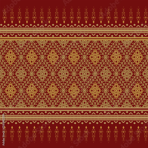 Traditional Thai Fabric Seamless Pattern – R เed and Gold Geometric Textile
