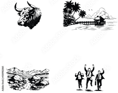 Vector art of a powerful bull head with large horns, isolated on white background