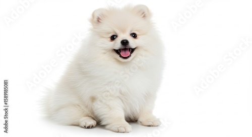 愛らしい白い子犬 明るい背景で幸せそう ふわふわ毛並み 笑顔輝く. AI Generated