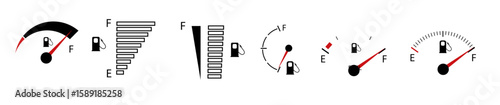 Vehicle fuel. Simple digital indicator of vehicle fuel. Full and empty icons of gas and fuel meters, fuel pump. Vector