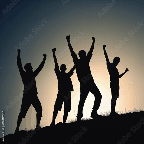 Happy silhouetted people, including women, boys, and girls, jump and dance with joy against a vibrant sunset sky, celebrating fun and happiness together