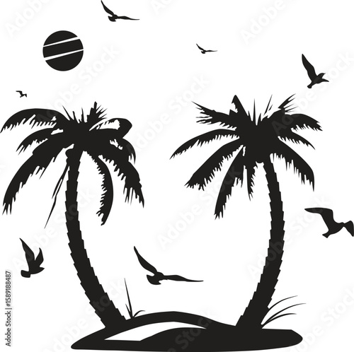 Palm tree silhouettes, black and white silhouette vector. Tropical palm tree