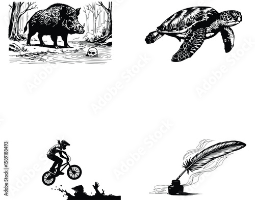 Vector art of a wild boar stands in a muddy forest clearing near a skull in the water