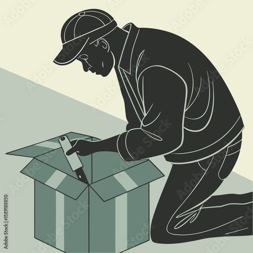 Man holding gift box vector illustration with cartoon dog and cute pet characters