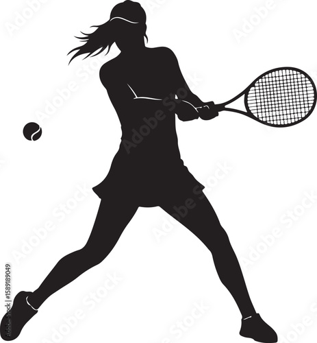 A vector illustration of a female tennis player in silhouette hitting a powerful backhand shot with a tennis ball in motion
