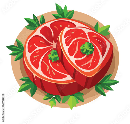 Two raw steaks garnished with parsley on a round plate with green leaves
