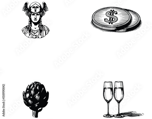 Vector art of a montage of a mythical warrior, currency, an artichoke, and celebratory champagne glasses