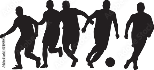 A vector illustration of a group of male soccer players in silhouette actively playing with a ball