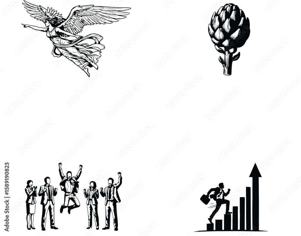 Naklejka premium Vector art of a winged angel flies above a celebrating business team and a growth chart