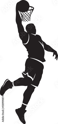 A vector illustration of a male basketball player in silhouette performing a powerful slam dunk
