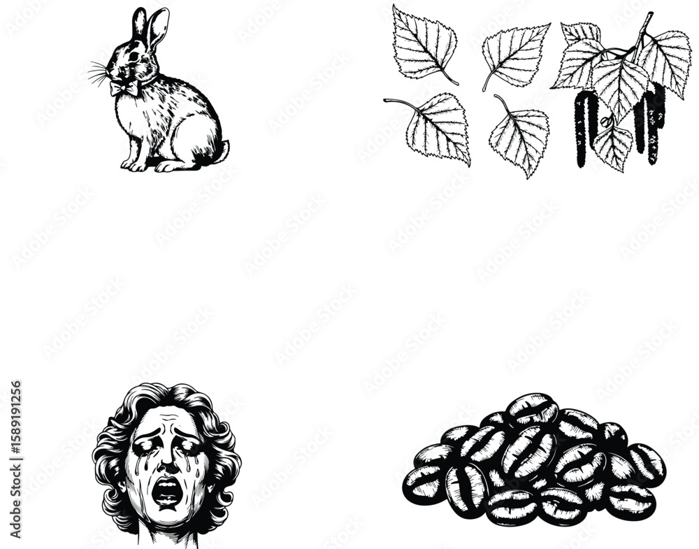 Fototapeta premium Vector art of a rabbit sits near falling leaves and a crying womans face, with coffee beans