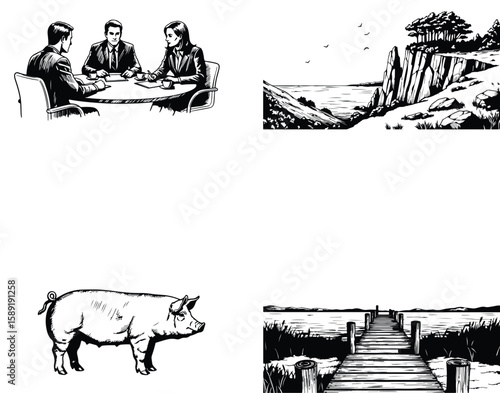 Vector art of a business team meets at a table, overlooking a cliff landscape and a pig near a dock