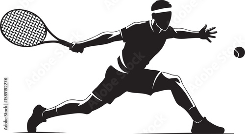 A vector illustration of a male tennis player in silhouette lunging to hit a tennis ball