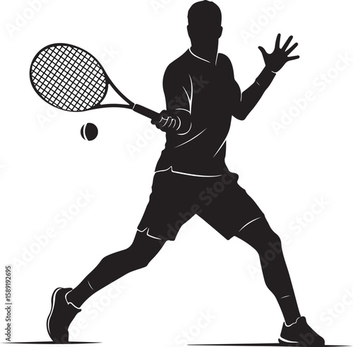 A vector illustration of a male tennis player in silhouette, hitting a tennis ball with a forehand stroke while in motion