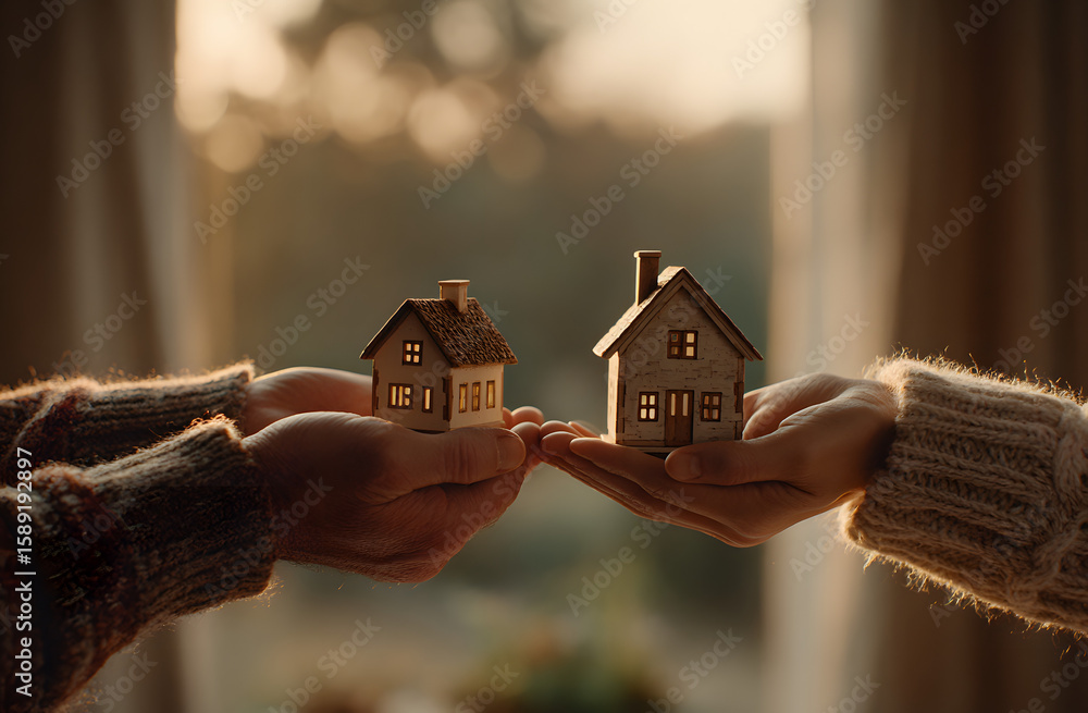 custom made wallpaper toronto digitalHands exchanging house models. Concept of downsizing property ownership living space. Transition, change decision. Smaller vs bigger house size comparison. Real estate, housing, accommodation,