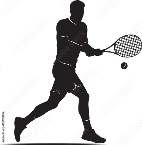 A vector illustration of a male tennis player in silhouette, hitting a tennis ball with a two-handed backhand.