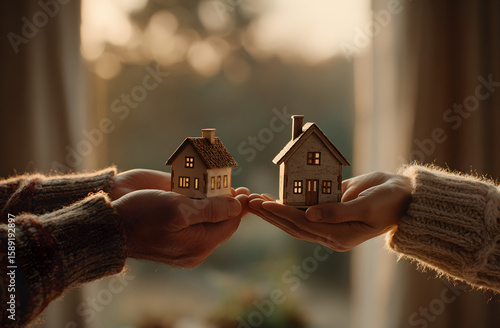 Wallpaper Mural Hands exchanging house models. Concept of downsizing property ownership living space. Transition, change decision. Smaller vs bigger house size comparison. Real estate, housing, accommodation, Torontodigital.ca