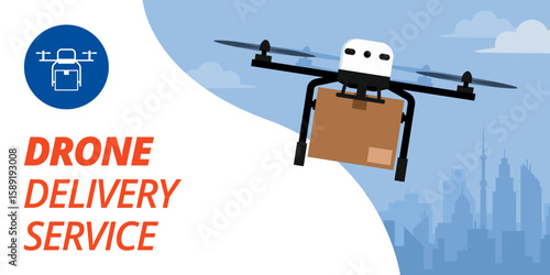 Drone delivering a parcel in the city