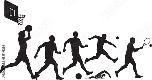 A vector illustration of various athletes in silhouette playing basketball running soccer swimming tennis.