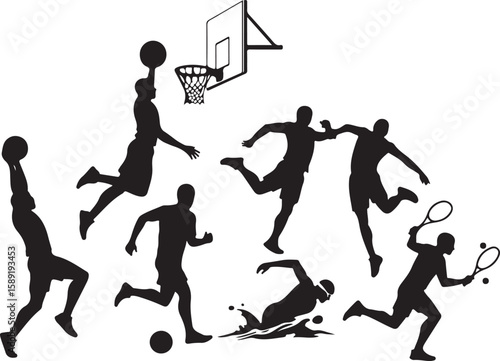A vector illustration of various athletes in silhouette playing basketball soccer swimming and tennis in dynamic poses.