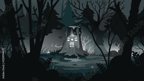 A mystical tree stump with glowing symbols in a dark forest at night creates an eerie atmosphere