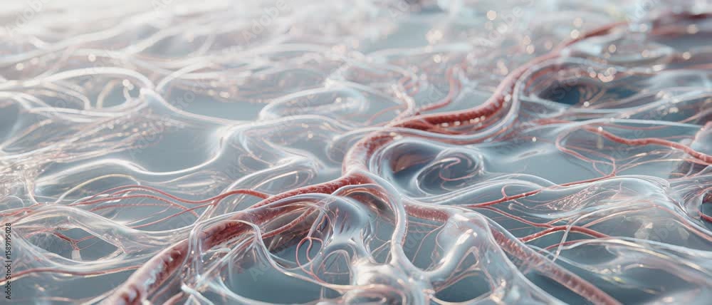 Illustration of biological processes showing cellular networks in a microscopic environment with a shallow depth of field, highlighting microscopic biology