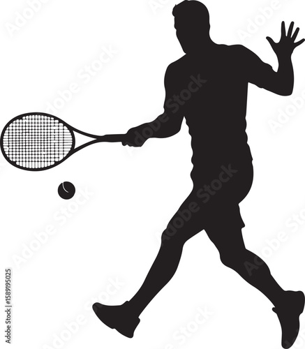 vector illustration of a male tennis player in silhouette, hitting a tennis ball with a forehand stroke while in motion.