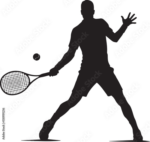 vector illustration of a male tennis player in silhouette, hitting a tennis ball with a forehand stroke