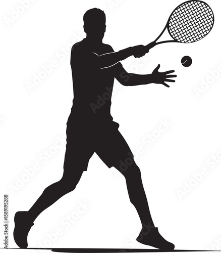 vector illustration of a male tennis player in silhouette, hitting a tennis ball with a forehand stroke
