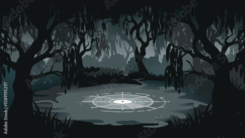 A dark swamp scene with bare trees and a glowing circle in the middle of the murky water surface area