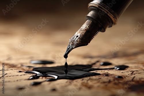 Antique fountain pen dripping ink on aged paper