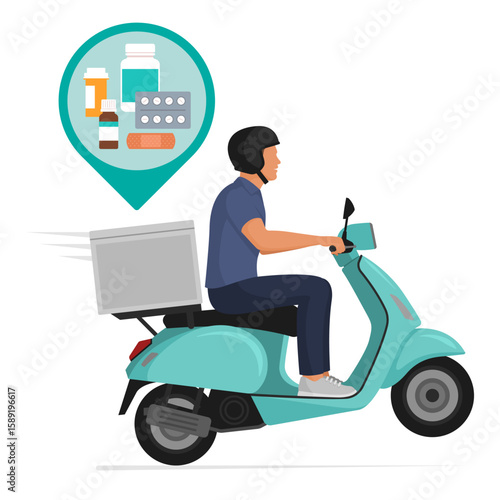 Delivery man riding a scooter and delivering medicines